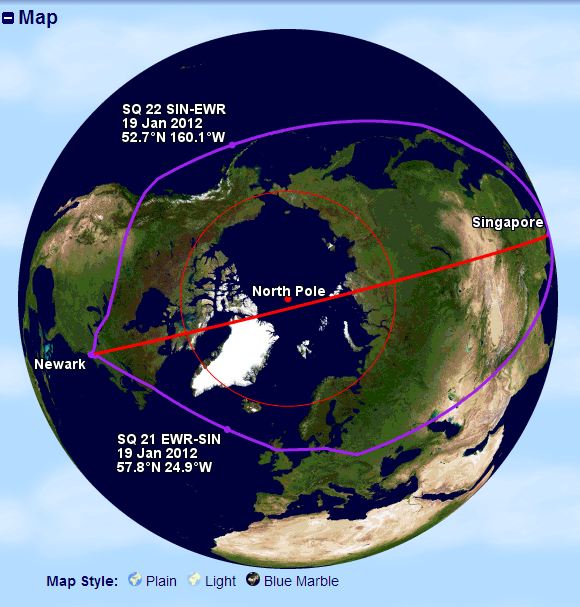 Маршрутът на SQ21. Изт.: gcmap.com