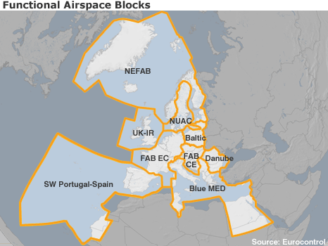 Предложението за нова организация на европейското небе. Изт: bbc/Eurocontrol